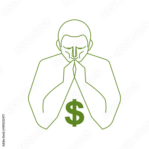 Man Prays to Money. Dollar Worship