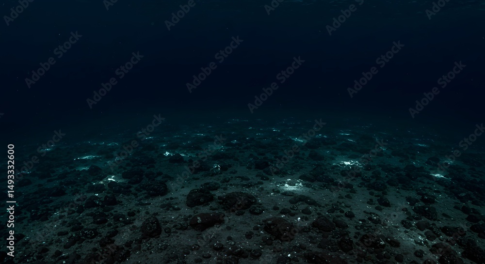 Obraz premium A deep sea scene with rocks and shimmering light reflecting off the ocean floor