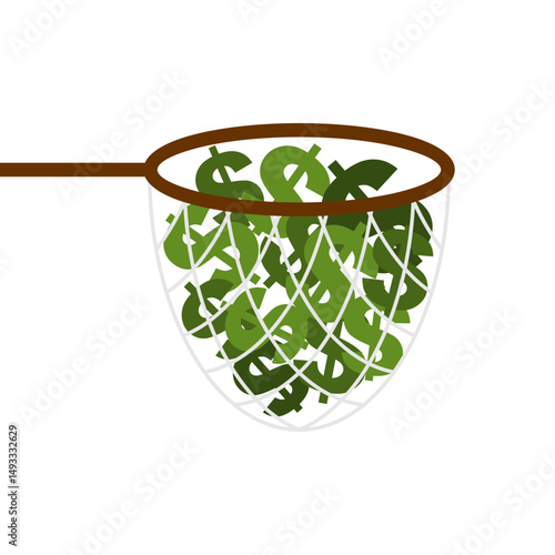 Butterfly net full Money isolated. Money catching concept. Get rich and increase finances.