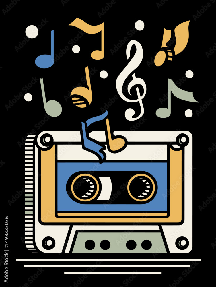 Obraz premium Retro Cassette Tape Illustration with Colorful Music Notes Design
