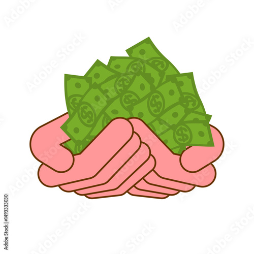 Palms full of money. Many dollars in hands. Concept illustration: wealth and prosperity