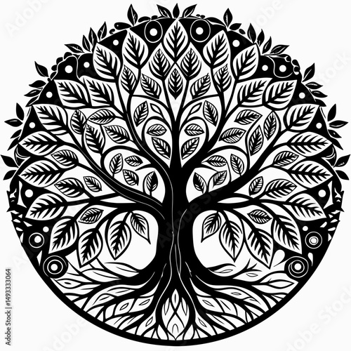 Ornate Black and White Circular Tree of Life Design