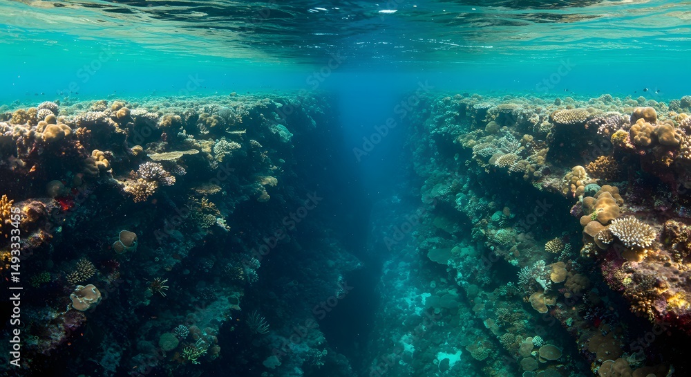 Obraz premium Underwater view of a coral reef with sunlight streaming through the clear turquoise water