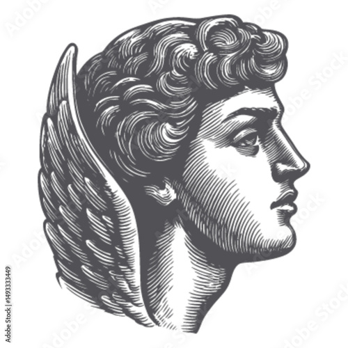 Elegant Angel Head Engraving with Detailed Wings and Facial Features
