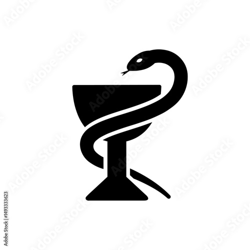 Black Bowl of Hygeia vector icon. Symbol of pharmacology or pharmacy. Snake with bowl