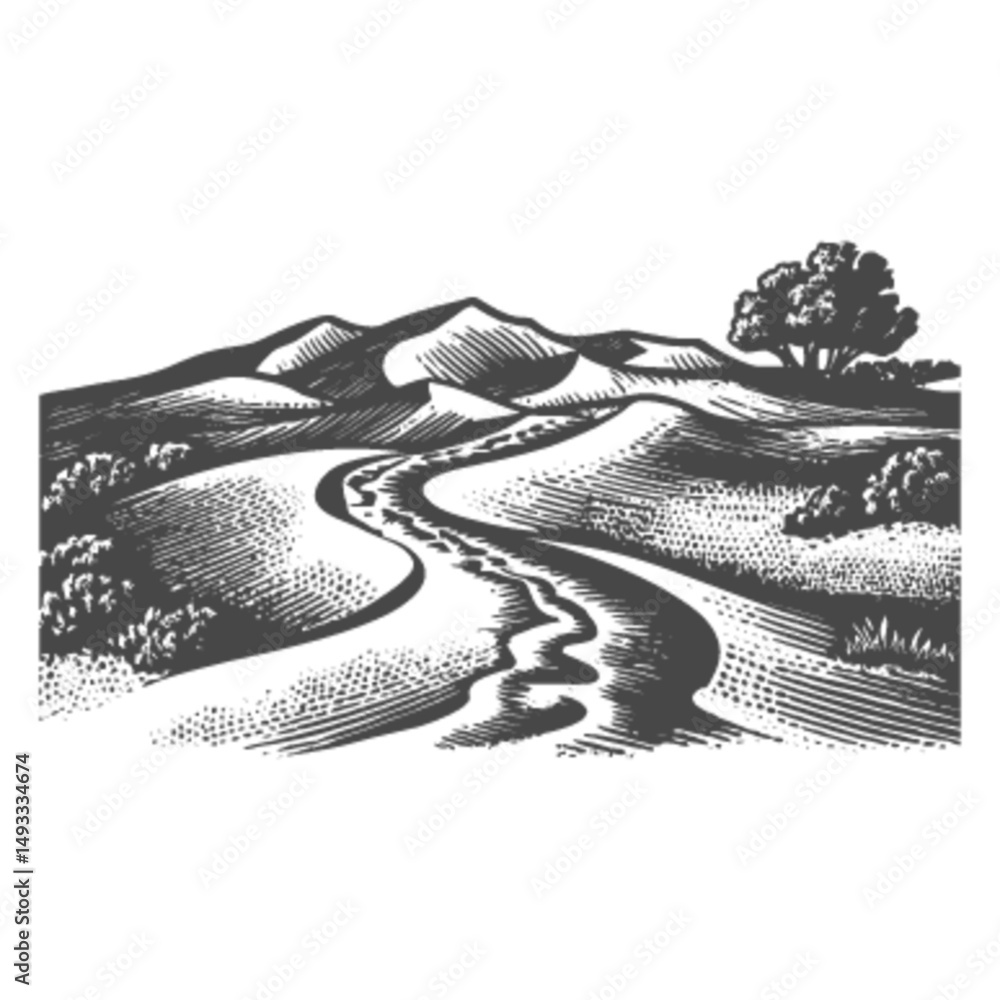 Fototapeta premium Detailed Engraving of Scenic Mountain Landscape and Meandering Path