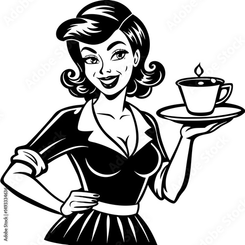 Retro Pinup Girl Waitress Serving a Cup of Coffee