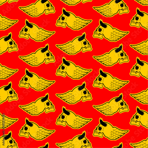 Skull with horns and wings pattern seamless. Symbol of demons and Satan background