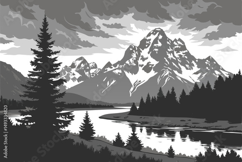  black and white landscape, snow-capped mountains, reflective lake, pine forest, cloudy sky, peaceful, serene, tranquil, dramatic, moody, atmospheric, detailed, cinematic, high quality, award-winnin