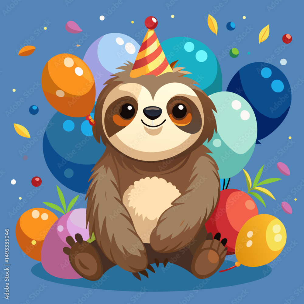 Obraz premium Adorable Sloth Celebrating Birthday with Balloons