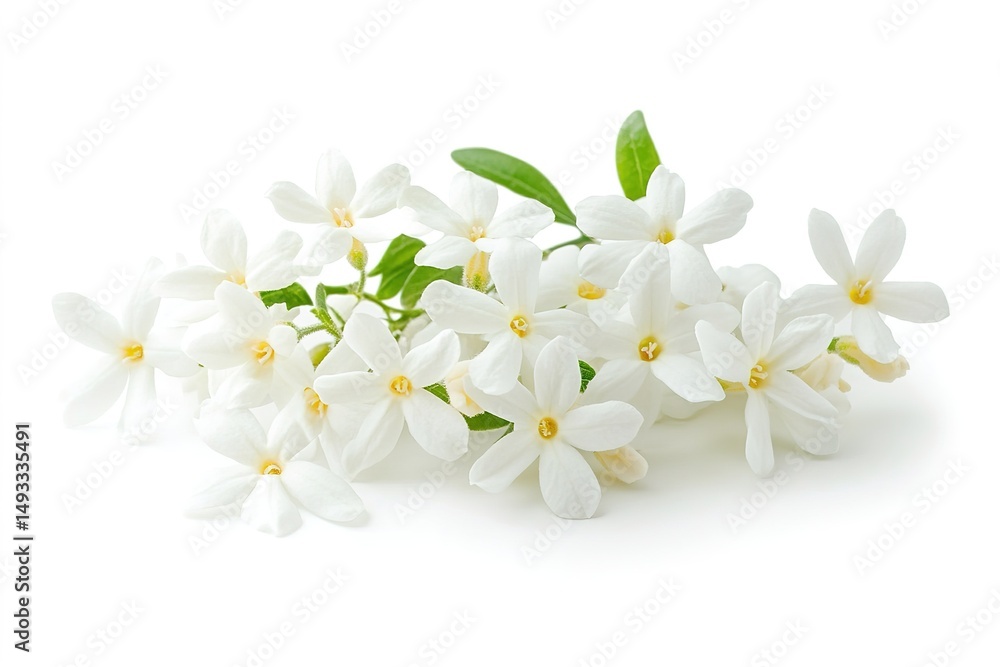 Obraz premium A bunch of small white jasmine flowers with star-shaped petals, isolated on a white background