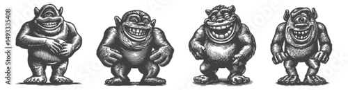 Four Stylized Monsters with Grinning Faces in Vintage Style Illustration