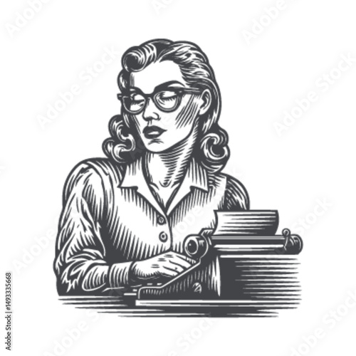 Vintage Engraving of a Woman with Typewriter in Black and White