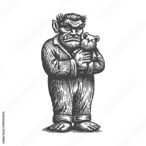 Vintage Illustration of a Monstrous Creature Holding a Teddy Bear