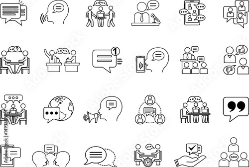 Speaking Icon Set. Vector Illustrations Communication, Comments, Consultation, Conversation, Speech, Debate, Discourse, Discussion, Chat, Language, Speech Bubble, and More