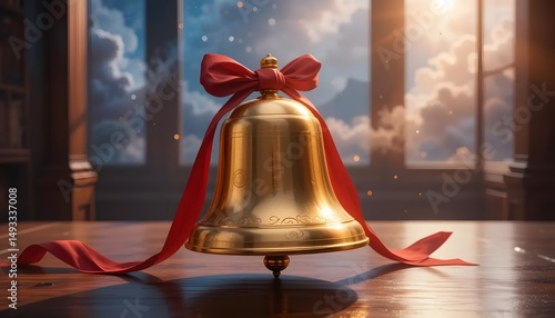 Golden bell adorned with red ribbon