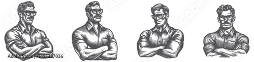 Detailed Vintage Illustration of Confident Man with Glasses and Muscles