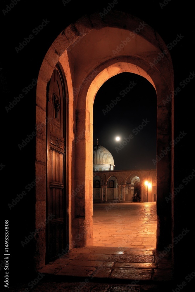 Fototapeta premium Dome of the Rock view through archway at night in Jerusalem Israel Middle East religious landmark historic site