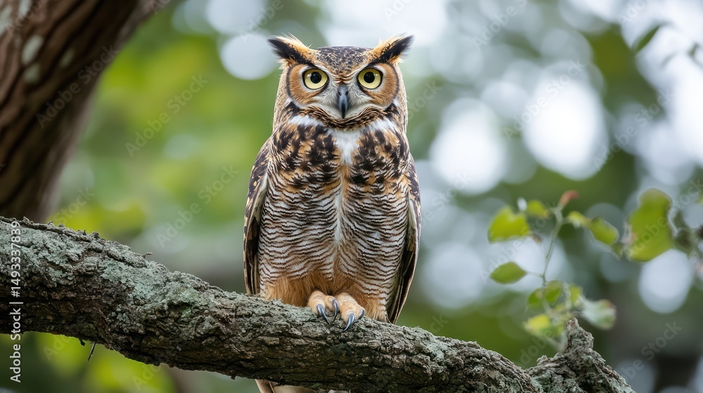 Majestic great horned owl perched on a branch gazing towards the camera Majestic great horned owl perched on a branch gazing towards the camera