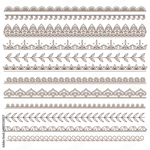 Set of seamless borders for design, application of henna, Mehndi