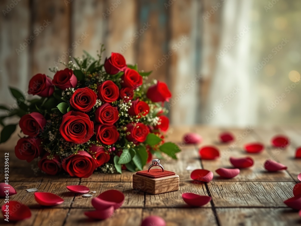 Obraz premium Cozy Valentine's Day Background: Wooden Table with Roses, Ring, and Petals