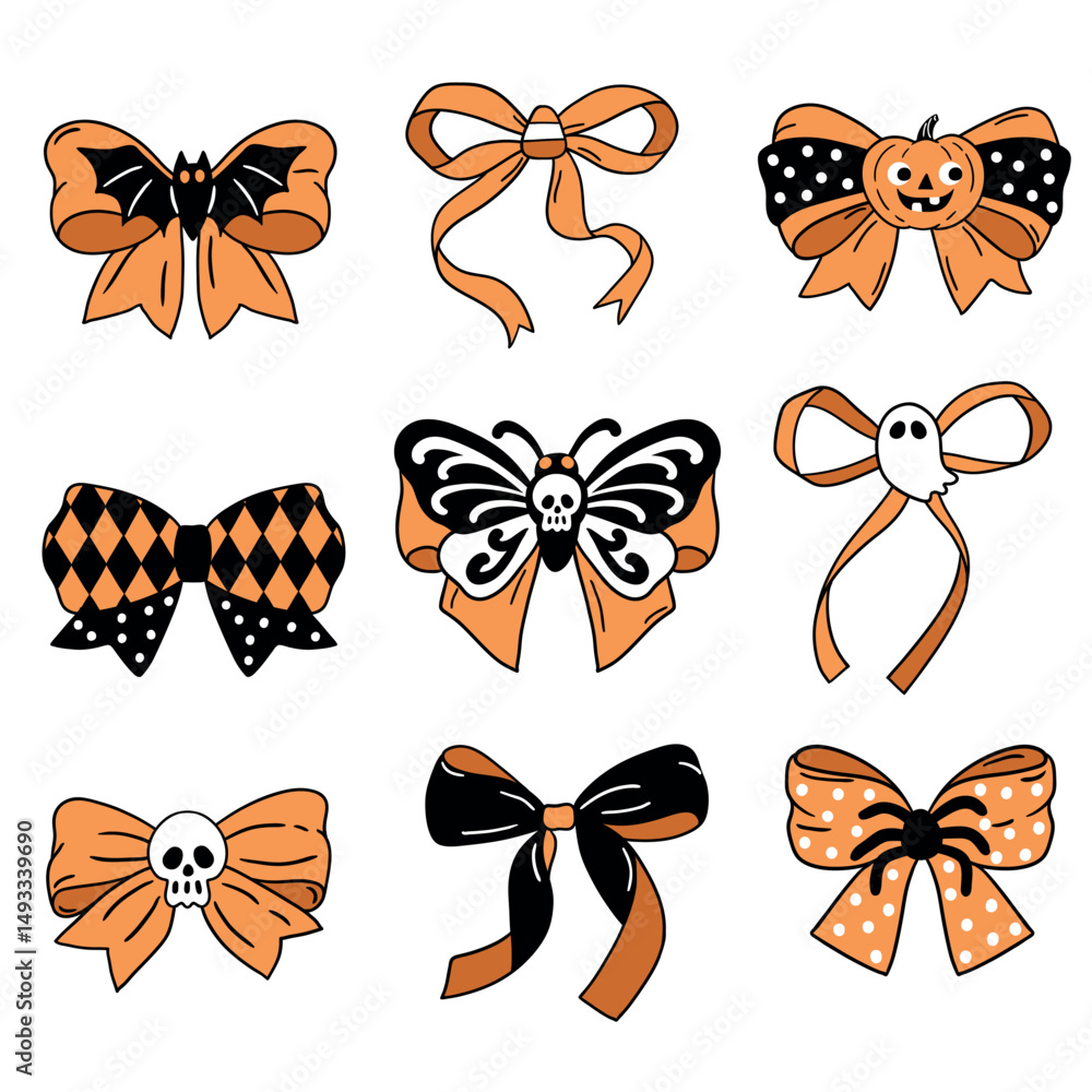 Fototapeta premium Set of cute vector Halloween bows. Hand drawn creepy Halloween clipart. Perfect for wallpaper or fabric print. EPS 10 vector file.