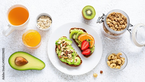 Healthy Breakfast with Avocado and Fruits