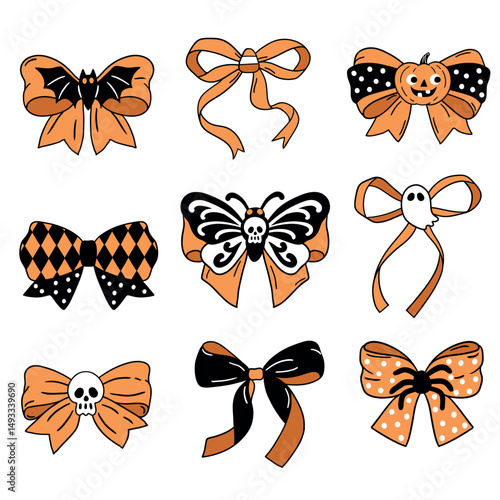 Set of cute vector Halloween bows. Hand drawn creepy Halloween clipart. Perfect for wallpaper or fabric print. EPS 10 vector file.