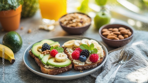 Healthy Breakfast with Avocado and Fruits