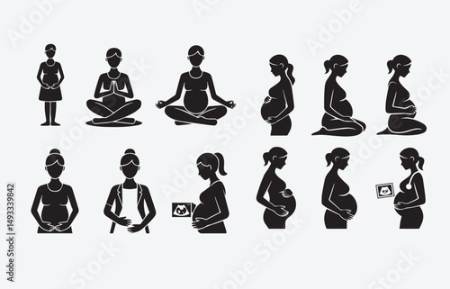 Icon set of pregnant women silhouettes, vector illustration 