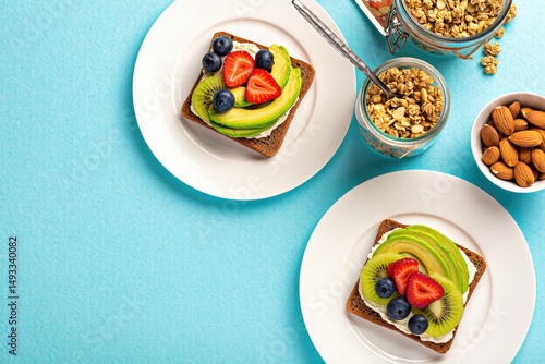 Healthy Breakfast with Avocado and Fruits
