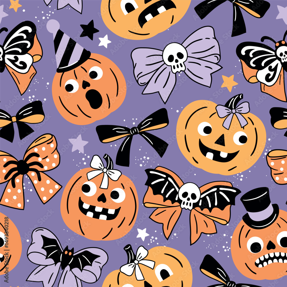 Naklejka premium Seamless vector pattern with cute Halloween pumpkins and bows. Hand drawn creepy Halloween design. Perfect for wallpaper or fabric print. EPS 10 vector file. 