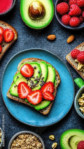 Healthy Breakfast with Avocado and Fruits