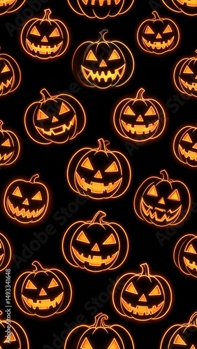 Glowing Halloween pumpkins on a black background creating a spooky and festive pattern for seasonal designs photo