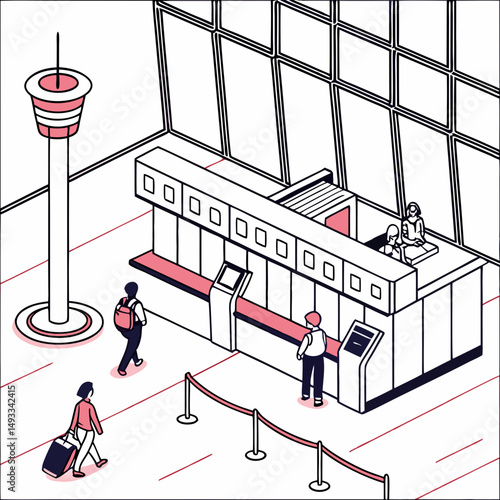 Airport check in counter passengers travel bags isometric illustration