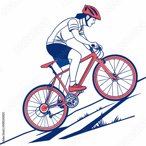 Woman cyclist riding up hill mountain bike red bicycle