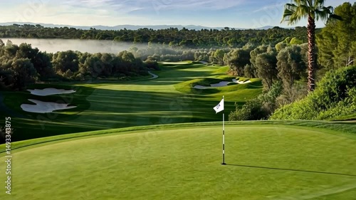 A stunning view of a perfectly manicured golf course with lush green grass and a flag