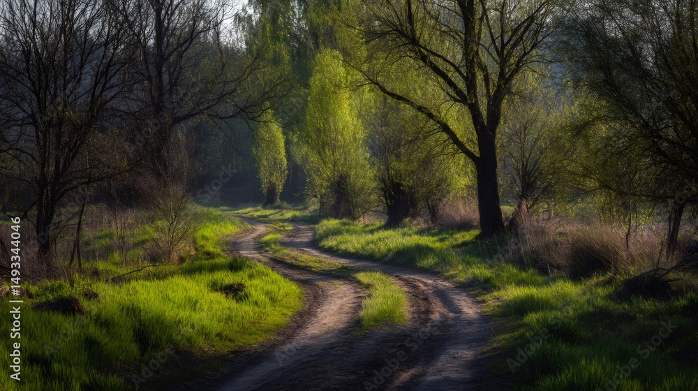 Fototapeta premium Winding dirt road leading into lush green forest in spring