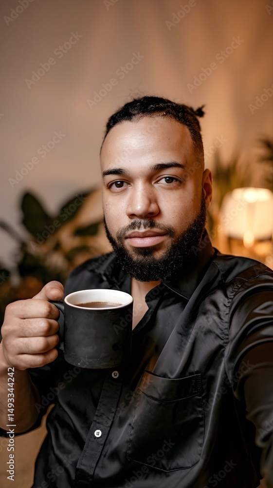 A man in black holding a coffee cup, gazing confidently A man in black holding a coffee cup, gazing confidently