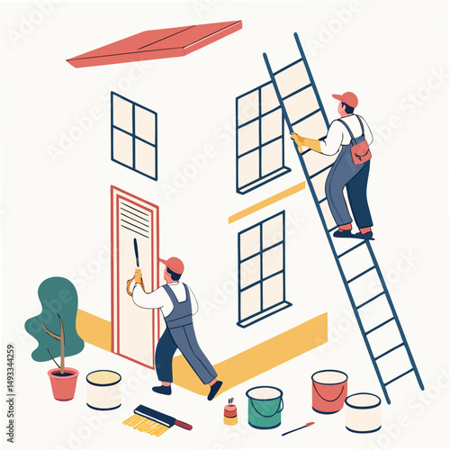 House painters working on exterior walls with ladder and paint