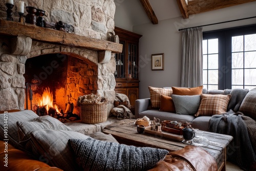 Cozy living room with a crackling fireplace and soft furnishings.