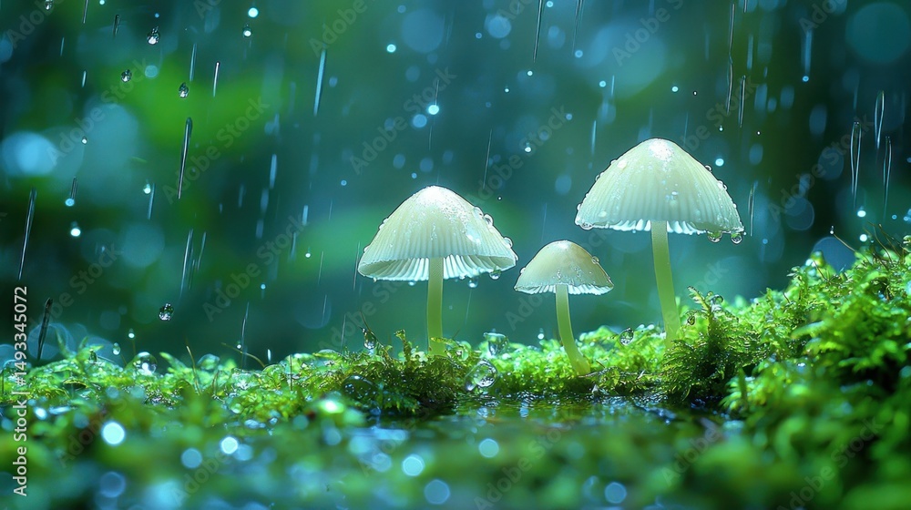 Fototapeta premium Tiny mushrooms in rain, mossy forest