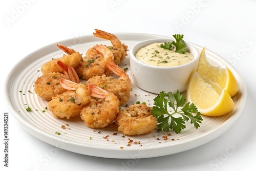 Golden Fried Shrimp with Creamy Sauce and Lemon Wedges on White Plate – Delicious Seafood
