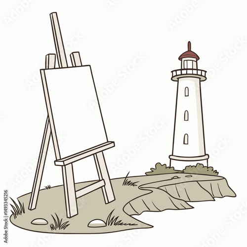 Coastal lighthouse scene with blank easel ready for design projects