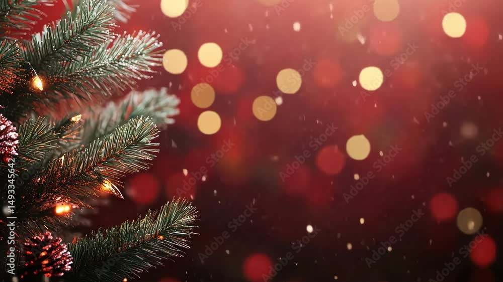 Festive Evergreen Branch with Bokeh Lights and Soft Falling Snow Festive Evergreen Branch with Bokeh Lights and Soft Falling Snow