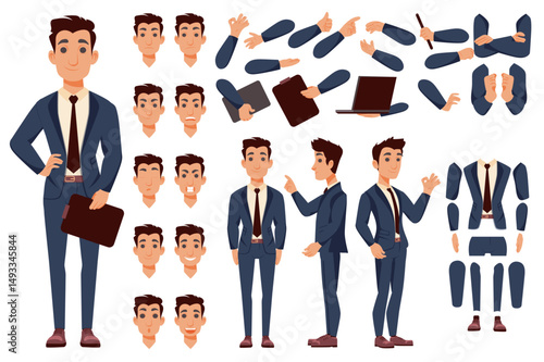 Businessman character constructor for animation with parts set. Customized people collection with office manager poses, facial expressions heads, arms with laptop, folders, more. Vector illustration.