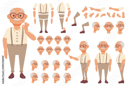 Grandfather character constructor for animation with parts set. Customized people collection with elderly man poses, facial expressions heads with glasses, gesturing arms, more. Vector illustration.