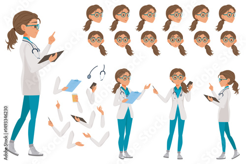 Nurse character constructor for animation with parts set. Customized people collection with woman doctor poses, facial expressions heads, arms with tablet, coffee, phone, more. Vector illustration.