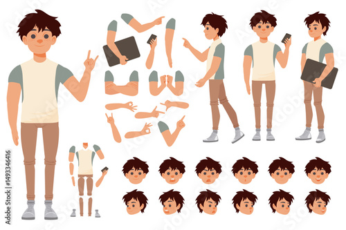 Teenage boy character constructor for animation with parts set. Customized people collection with teenager poses, facial expressions heads, arms with phone, laptop, gesture, more. Vector illustration.