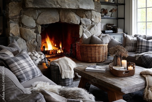 Cozy living room with a crackling fireplace and soft furnishings.